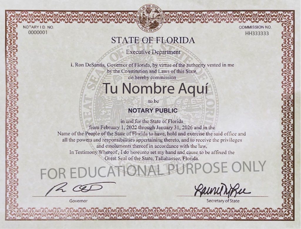 Muestra del Certificado de Comisión de Notario de Florida, solo con fines educativos