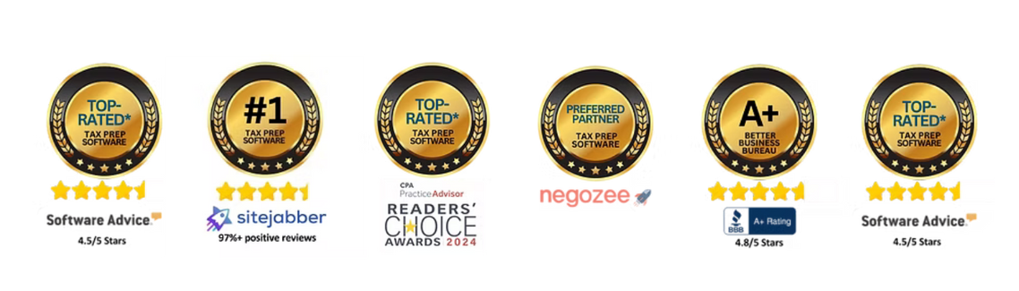Reconocimientos del software de impuestos MyTAXPrepOffice: Top-Rated en Software Advice, #1 en Sitejabber, Readers' Choice 2024 de CPA Practice Advisor y A+ en el BBB