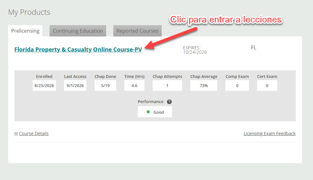 Pantalla My Products con el curso listado para dar clic