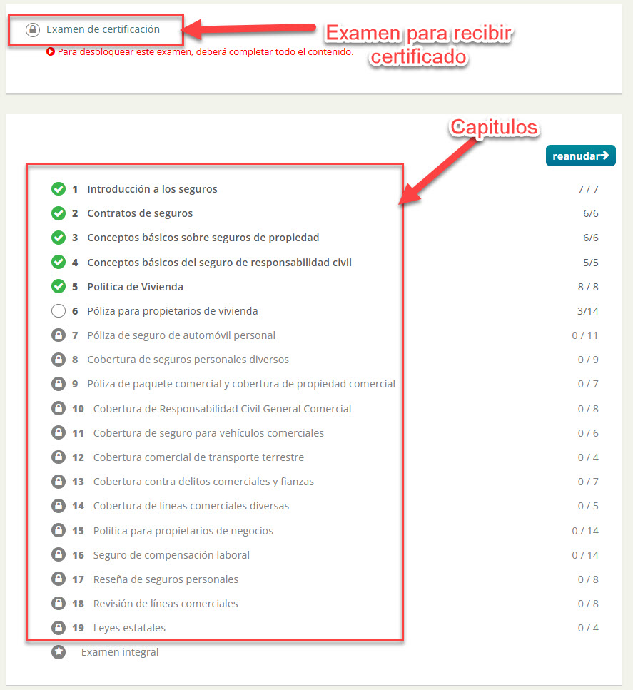 Listado de capítulos y examen de certificación bloqueado con candado